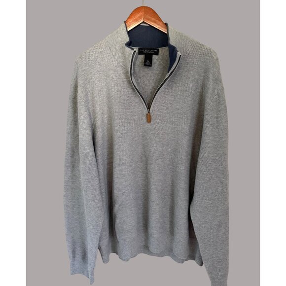 Bloomingdales Mens Gray 1/4 Zip Sweater XXL Genuine Leather Trim Cotton - Picture 1 of 6